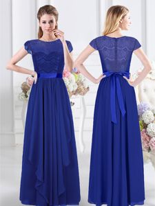 Fabulous Scoop Chiffon Short Sleeves Floor Length Damas Dress and Lace and Belt