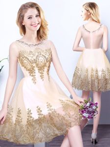 Scoop Champagne Sleeveless Beading Mini Length Quinceanera Court of Honor Dress