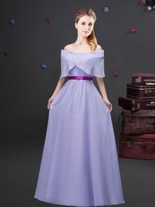 Comfortable Off the Shoulder Lavender Half Sleeves Chiffon Zipper Damas Dress for Prom and Party and Wedding Party
