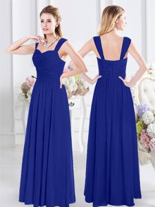 Straps Straps Sleeveless Floor Length Ruching Zipper Court Dresses for Sweet 16 with Royal Blue