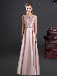Smart Pink Elastic Woven Satin Zipper Straps Sleeveless Floor Length Quinceanera Dama Dress Bowknot