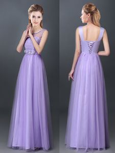 Scoop Tulle Sleeveless Floor Length Quinceanera Court Dresses and Lace and Hand Made Flower