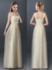 Most Popular Scoop Champagne Sleeveless Tulle Lace Up Damas Dress for Prom and Party and Wedding Party