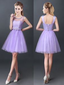 Artistic Lavender A-line Scoop Sleeveless Tulle Mini Length Lace Up Lace Damas Dress