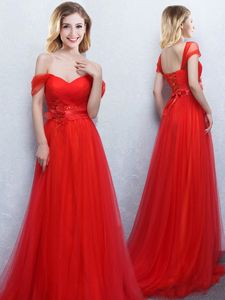 Perfect Off the Shoulder With Train Red Quinceanera Court of Honor Dress Tulle Brush Train Sleeveless Appliques and Ruching