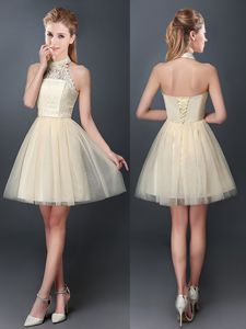 Halter Top Champagne A-line Lace and Appliques Court Dresses for Sweet 16 Lace Up Tulle Sleeveless Mini Length
