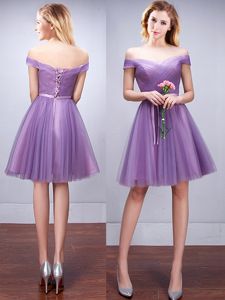 Stylish Lavender Lace Up Off The Shoulder Ruching and Belt Quinceanera Court of Honor Dress Tulle Sleeveless