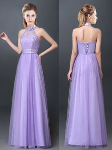Sumptuous Halter Top Lavender Sleeveless Floor Length Lace and Appliques Lace Up Quinceanera Court Dresses