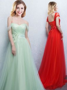 Off the Shoulder Sleeveless Tulle With Brush Train Lace Up Court Dresses for Sweet 16 in Apple Green for with Appliques and Ruching