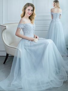 Top Selling Off the Shoulder Beading and Appliques Quinceanera Court Dresses Light Blue Lace Up Cap Sleeves Floor Length