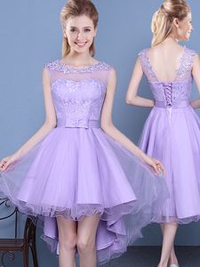 Great Scoop Lavender Sleeveless Organza Lace Up Dama Dress for Quinceanera for Prom