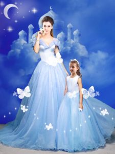 Custom Design Off The Shoulder Sleeveless Court Train Zipper Quince Ball Gowns Light Blue Tulle