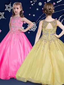 Scoop Hot Pink Sleeveless Floor Length Beading Zipper Pageant Dress Wholesale