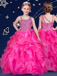 Ball Gowns Glitz Pageant Dress Hot Pink Asymmetric Organza Sleeveless Floor Length Zipper