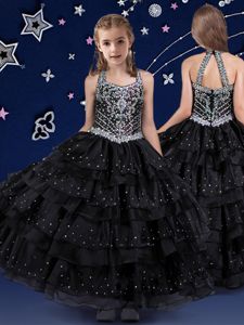 Halter Top Black Sleeveless Beading and Ruffled Layers Floor Length Child Pageant Dress