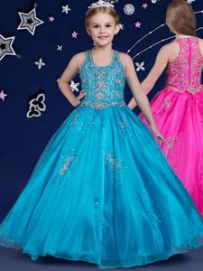 Best Scoop Sleeveless Organza Floor Length Zipper Evening Gowns in Blue for with Beading