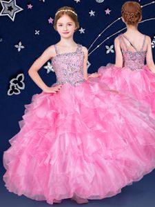 Unique Rose Pink Sleeveless Floor Length Beading and Ruffles Zipper Little Girls Pageant Dress Wholesale
