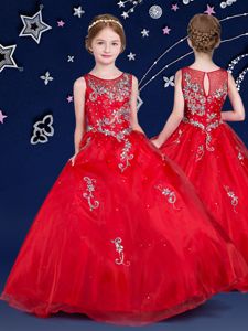 Fashionable Scoop Red Organza Zipper Winning Pageant Gowns Sleeveless Floor Length Beading and Appliques