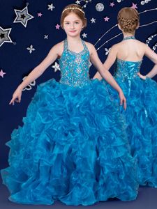 Trendy Halter Top Blue Ball Gowns Beading and Ruffles High School Pageant Dress Lace Up Organza Sleeveless Floor Length