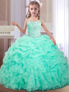 Dazzling Straps Sleeveless Little Girl Pageant Dress Floor Length Beading and Ruffles and Pick Ups Apple Green Organza