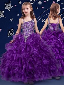 Dazzling Ruffled Ball Gowns Pageant Dress for Girls Purple Asymmetric Organza Sleeveless Floor Length Lace Up