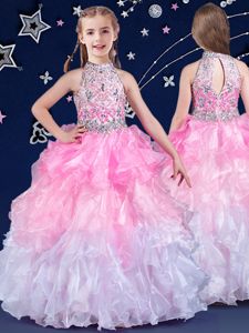 White and Pink And White Little Girls Pageant Gowns Quinceanera and Wedding Party and For with Beading and Ruffles Halter Top Sleeveless Zipper