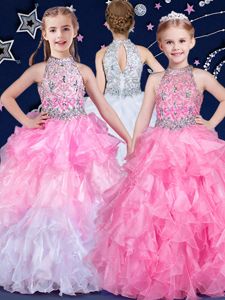Fantastic White and Pink And White Halter Top Neckline Beading and Ruffles Little Girls Pageant Dress Sleeveless Zipper