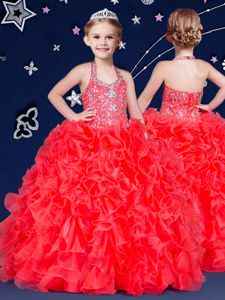 Ball Gowns Pageant Dress Toddler Coral Red Halter Top Organza Sleeveless Floor Length Zipper