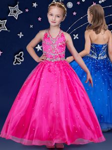Halter Top Hot Pink Organza Lace Up Little Girls Pageant Gowns Sleeveless Floor Length Beading