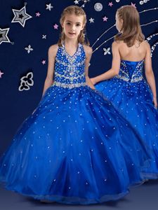 Simple Halter Top Sleeveless Pageant Dress Toddler Floor Length Beading Royal Blue Organza