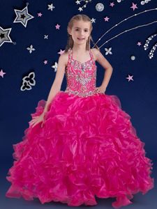 Inexpensive Halter Top Fuchsia Ball Gowns Beading and Ruffles Winning Pageant Gowns Lace Up Organza Sleeveless Floor Length