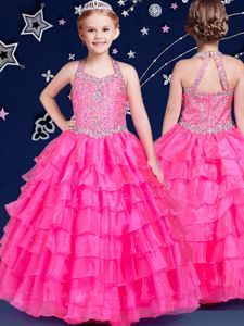 Enchanting Halter Top Hot Pink Sleeveless Beading and Ruffled Layers Floor Length Pageant Dress Wholesale