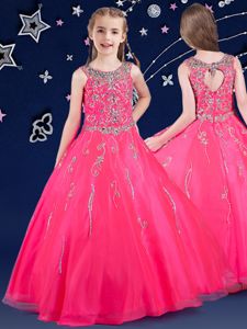 Inexpensive Scoop Beading Pageant Dress for Teens Hot Pink Zipper Sleeveless Floor Length