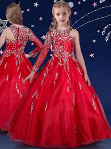 Modern Sleeveless Floor Length Beading and Ruffles Zipper Little Girls Pageant Dress Wholesale with Red