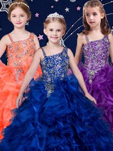 Customized Lace Up Pageant Dress Royal Blue and Purple and Orange and In for Quinceanera and Wedding Party with Beading and Ruffles
