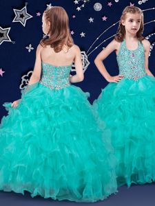 Classical Halter Top Floor Length Zipper Pageant Dress for Womens Turquoise and In for Quinceanera and Wedding Party with Beading and Ruffles