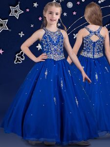 Scoop Royal Blue Organza Zipper Kids Formal Wear Sleeveless Floor Length Beading