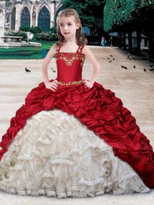 Superior Straps Straps Organza and Taffeta Sleeveless Floor Length Little Girls Pageant Dress and Beading and Appliques and Ruffles and Pick Ups