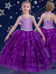 Eggplant Purple Pageant Dress Womens Quinceanera and Wedding Party and For with Beading and Ruffled Layers Halter Top Sleeveless Zipper