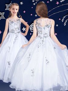 Customized Scoop Floor Length Ball Gowns Sleeveless White Pageant Dress for Womens Zipper