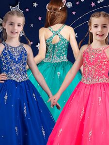 Attractive Scoop Beading Pageant Dress Hot Pink and Royal Blue Zipper Sleeveless Floor Length