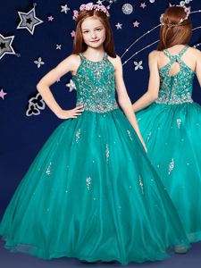 Scoop Sleeveless Pageant Gowns Floor Length Beading Teal Organza