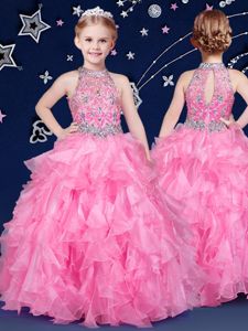 Halter Top Floor Length Zipper Little Girl Pageant Gowns Rose Pink and In for Quinceanera and Wedding Party with Beading and Ruffles