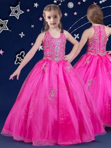 Fuchsia Scoop Zipper Beading Little Girls Pageant Gowns Sleeveless
