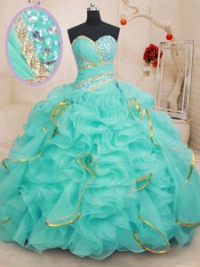 Apple Green Sleeveless Beading and Ruffles and Sequins Floor Length Sweet 16 Dresses