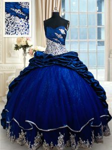 Sweetheart Sleeveless Sweet 16 Dress Court Train Appliques and Pick Ups Royal Blue Taffeta