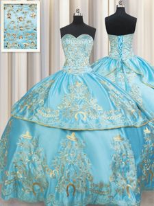 Floor Length Lace Up Sweet 16 Dress Aqua Blue and In for Military Ball and Sweet 16 and Quinceanera with Beading and Embroidery