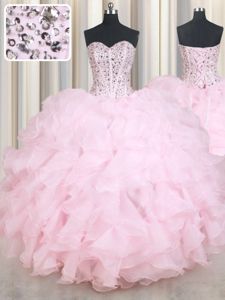 Baby Pink Sweetheart Lace Up Beading and Ruffles Quince Ball Gowns Sleeveless