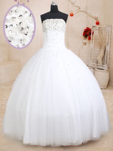 White Tulle Lace Up Sweet 16 Quinceanera Dress Sleeveless Floor Length Beading and Ruffled Layers and Sequins