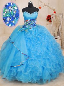 Baby Blue Organza Lace Up Sweetheart Sleeveless Floor Length Sweet 16 Dress Beading and Ruffles and Pattern